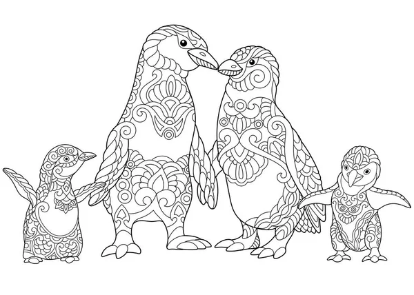 Familia de pingüinos estilizados Zentangle — Vector de stock