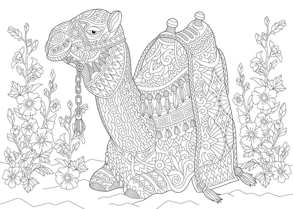 程式化的 Zentangle 骆驼和花 — 图库矢量图片