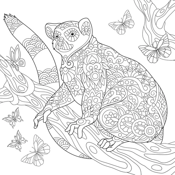 Zentangle stilize lemur ve kelebekler — Stok Vektör