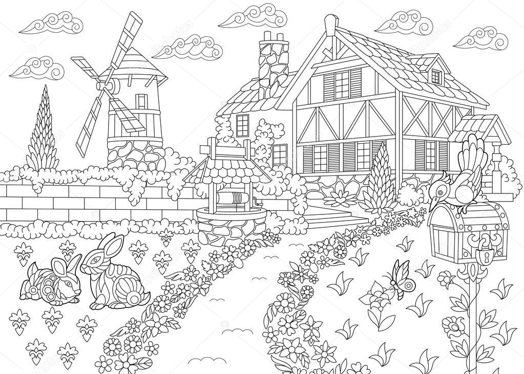 Zentangle stylized countryside mansion