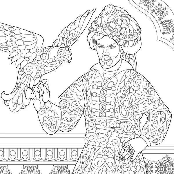 Zentangle stilisierter osmanischer Sultan mit Habicht — Stockvektor