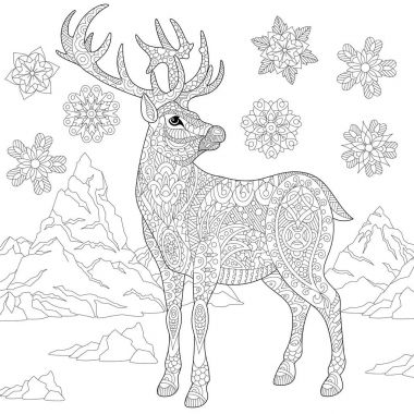 Zentangle stilize Ren geyiği ve kar