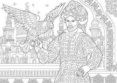 Zentangle stylized ottoman sultan with hawk clipart