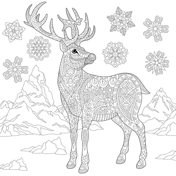 Zentangle stiliserade renar och snö — Stock vektor