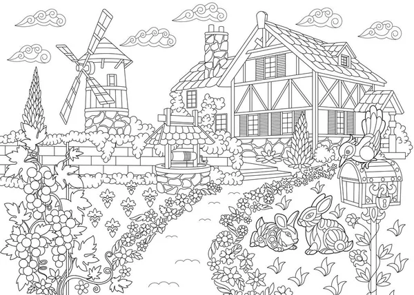 Mansión de campo estilizada Zentangle — Vector de stock