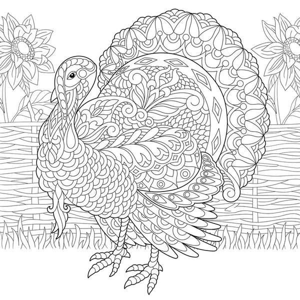 Zentangle stylized turkey and sunflowers — Stock Vector