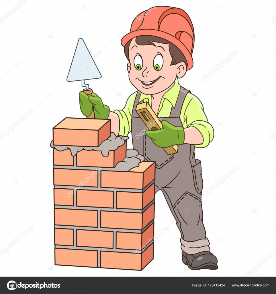 cartoon builder around brick wall — Stock Vector © Sybirko #178419424