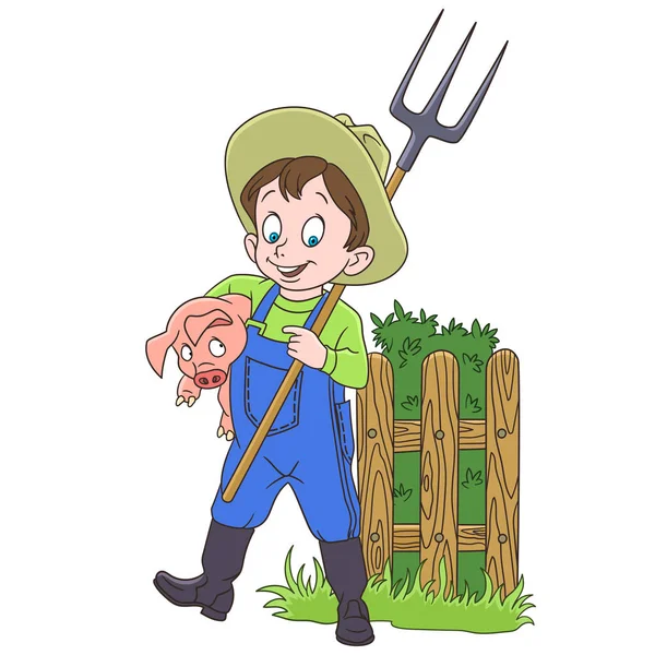 Agricultor de dibujos animados con cerdo — Vector de stock