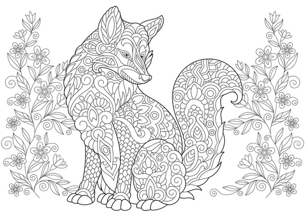 Zentangle fox och blommor — Stock vektor