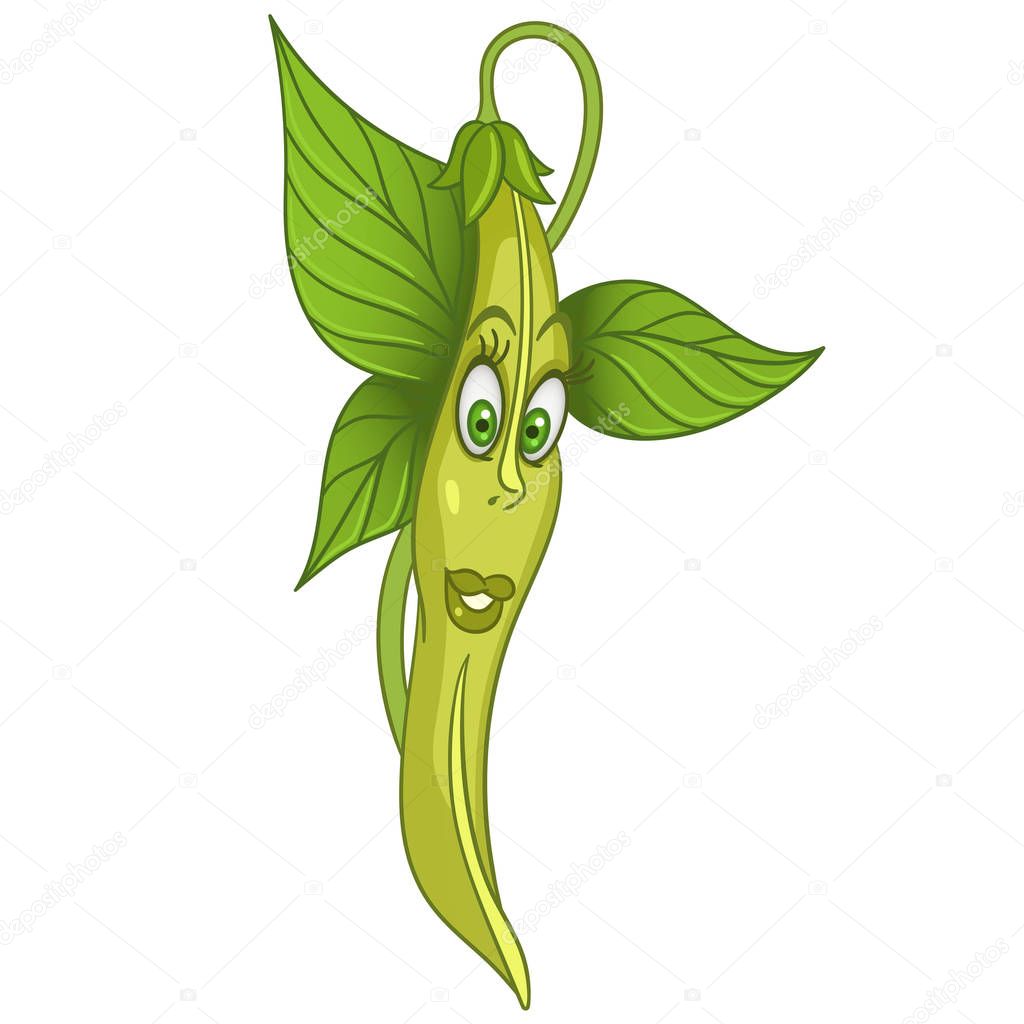 Cartoon French Bean character. Soybean. Lentil. Haricot. Happy Vegetable symbol. Eco Food icon. Design element for kids coloring book, colouring page, t-shirt print, logo, label, patch or sticker.
