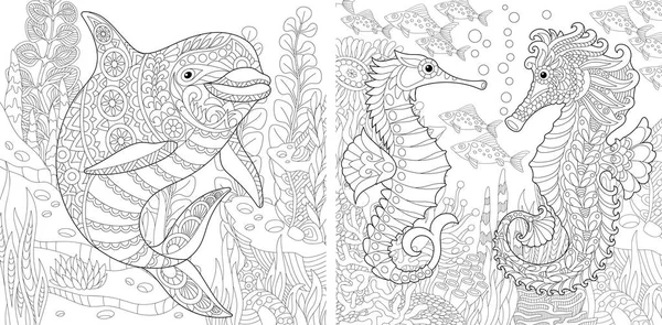 Zentangle Dolphin and Seahorse set — Stock Vector