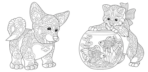 Zentangle corgi dog and kitten — Stock Vector