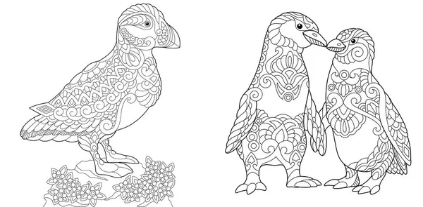 Zentangle puffin and emperor penguins — Stock Vector