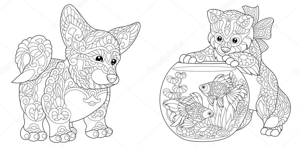 Zentangle corgi dog and kitten