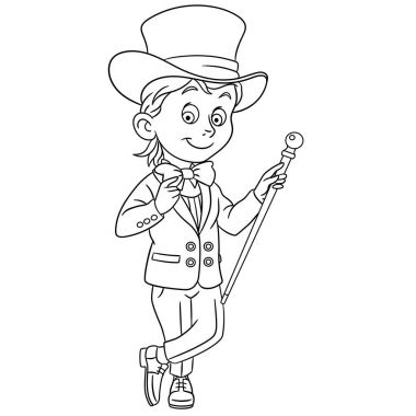 Boyama sayfası. Çizgi film beyefendi smokin, papyon, silindir şapka ve baston ile. Tasarım kitap boyama çocuklar için.