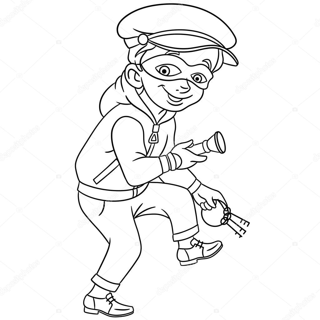 Coloring page. Cartoon criminal (thief) with house or bank keys and flashlight is running on tiptoe. Design for kids coloring book.