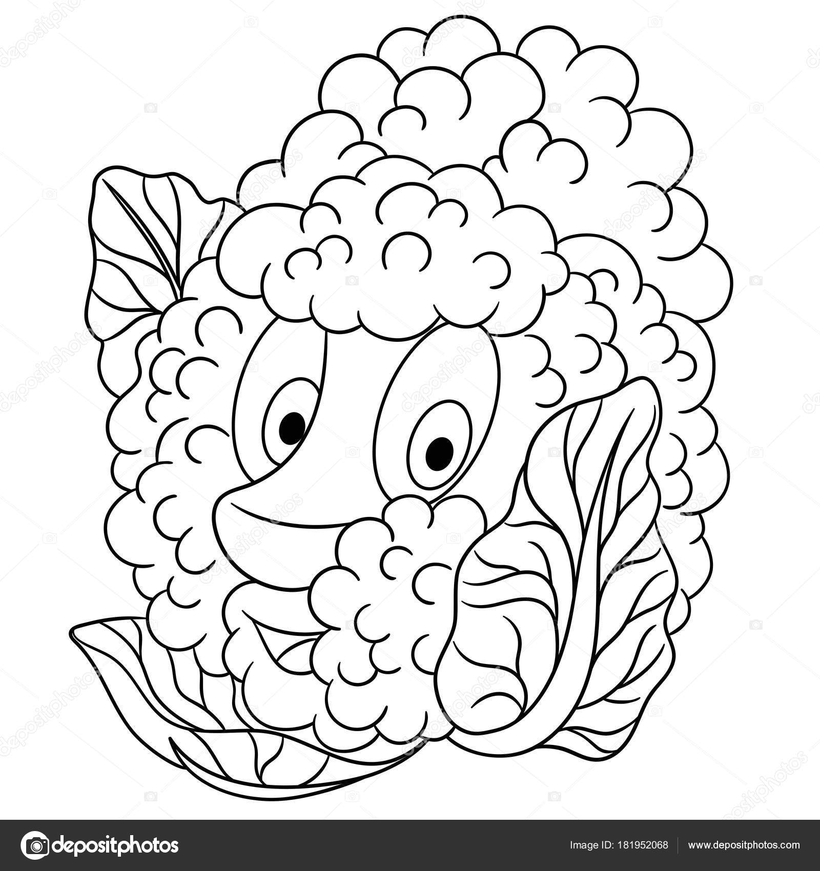 Kleurplaat Cartoon Bloemkool Gelukkig Plantaardige Karakter Eco Food
