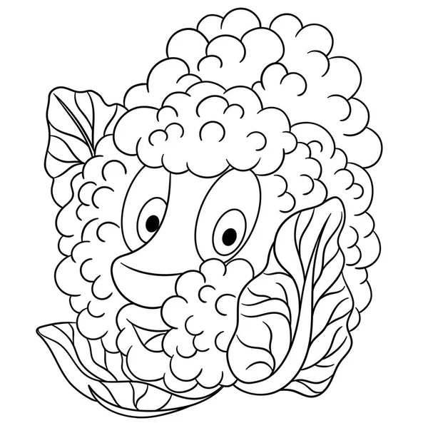 着色页 卡通花椰菜 快乐的蔬菜字符 生态食品的象征 设计元素为儿童着色书 T恤打印 — 图库矢量图片
