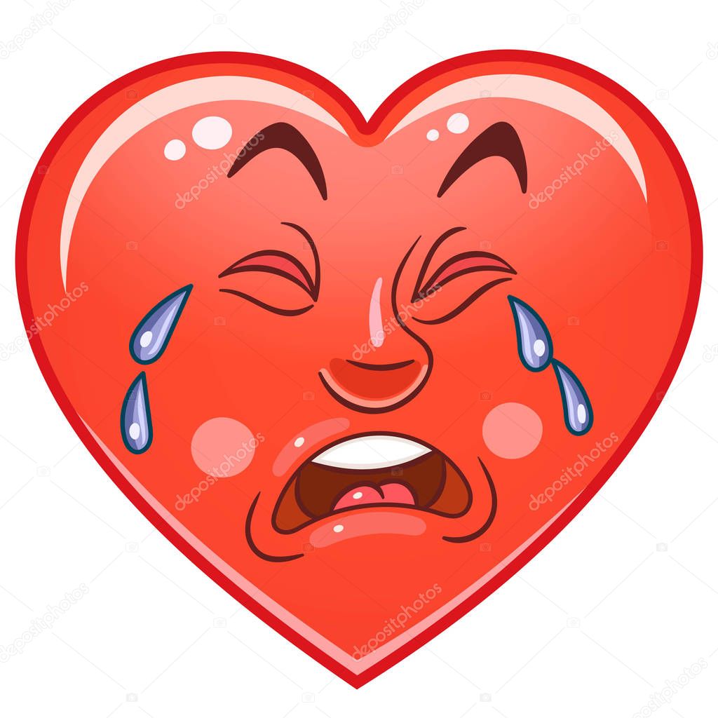 Cartoon red Heart Cry. Emoticons. Smiley. Emoji. Sad Emotion symbol. Design element for Valentines Day greeting card, kids coloring book page, t-shirt print, icon, logo, label, patch, sticker.