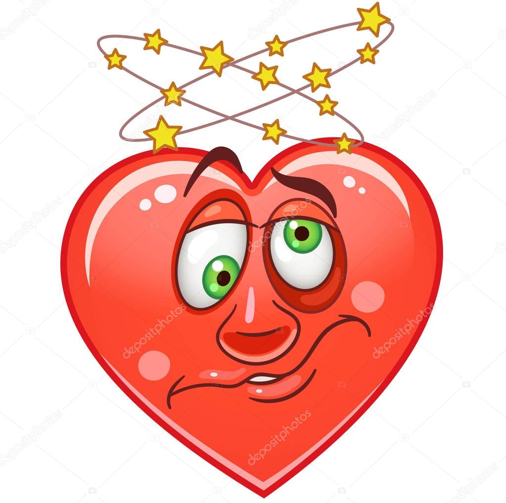 Cartoon red Heart with dizzy. Emoticons. Smiley. Emoji. Emotion symbol. Design element for Valentines Day greeting card, kids coloring book page, t-shirt print, icon, logo, label, patch, sticker.