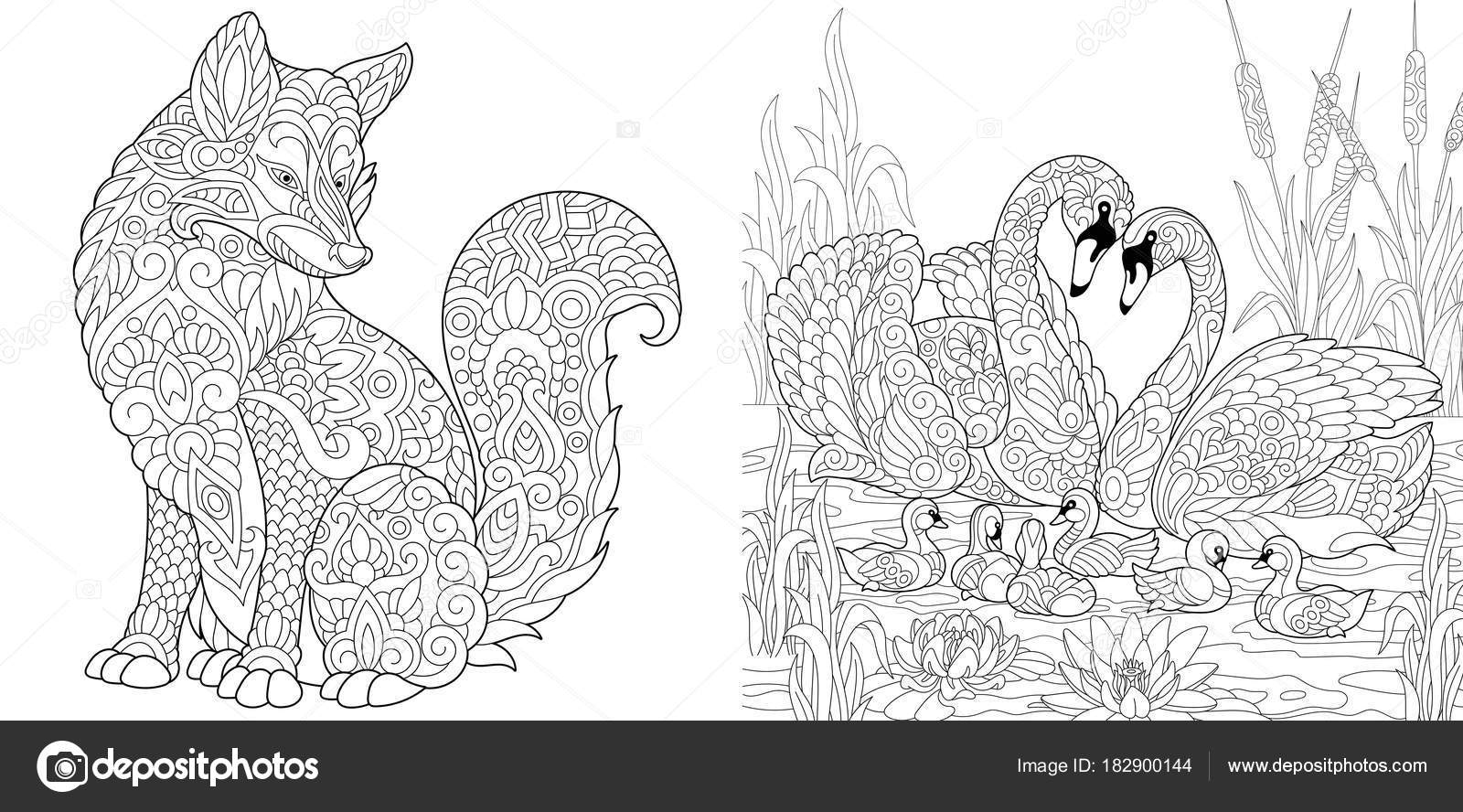 Wild Fox En Zwanen Familie Stockvector Sybirko 182900144