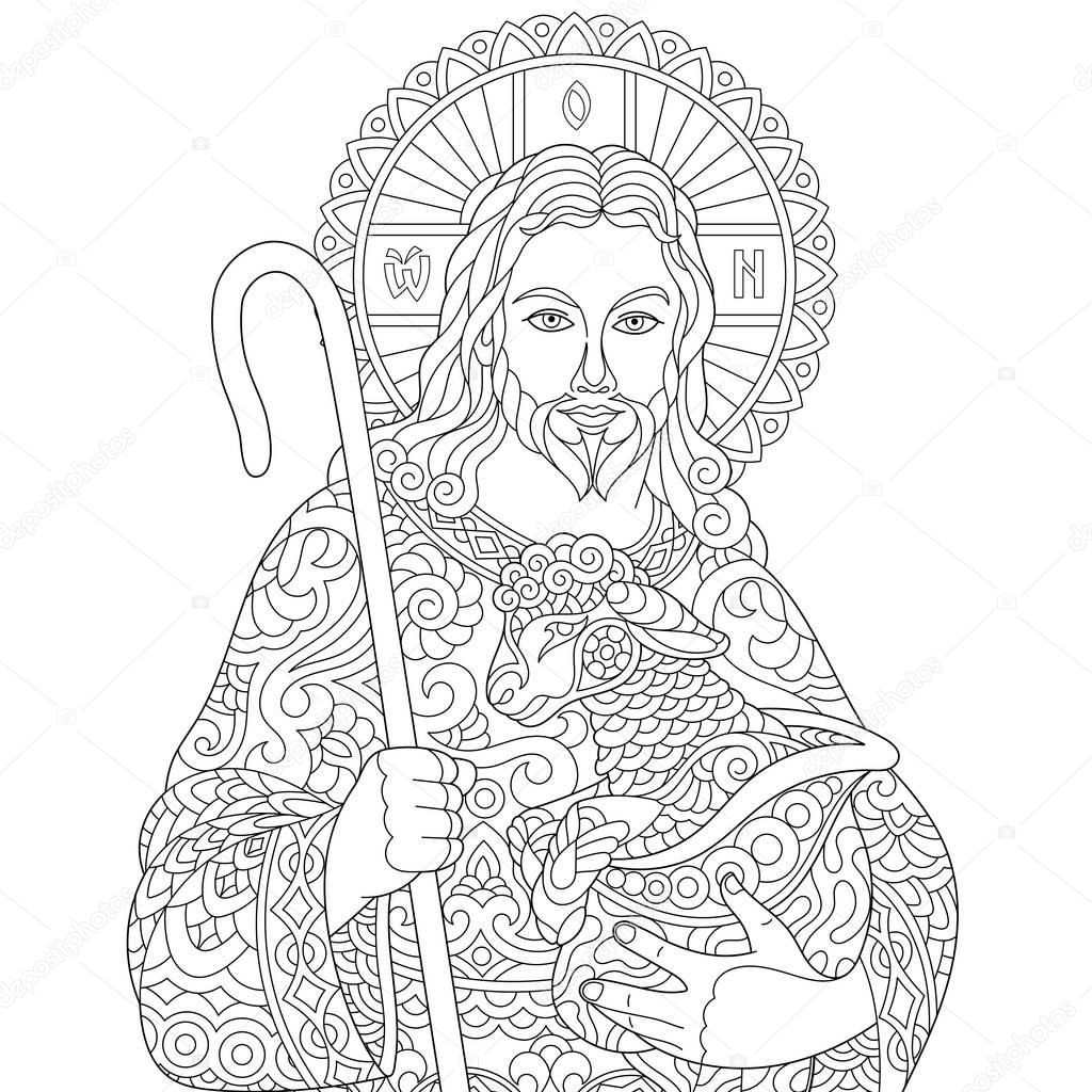 Download Jesus Christ And Newborn Baby Sheep Portrait Of Christian Biblical Character Coloring Page For Adult Colouring Book Antistress Freehand Sketch Drawing With Doodle And Zentangle Elements Premium Vector In Adobe Illustrator