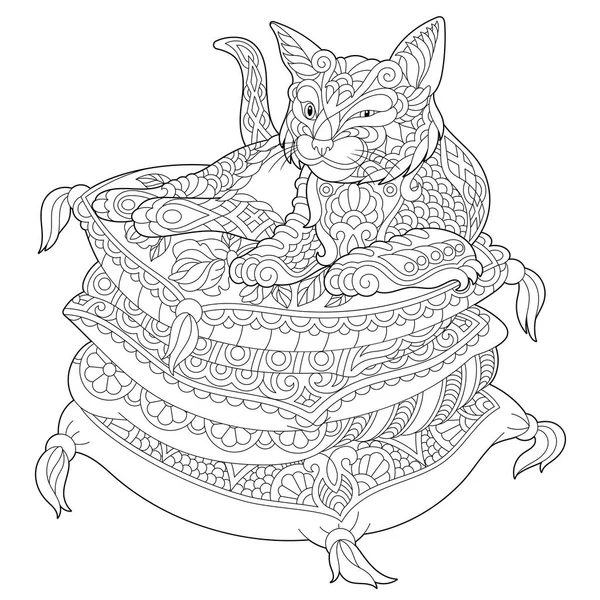 Zentangle gato en almohada — Vector de stock