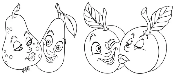 Coloring Pages Cartoon Fruits Love Lovely Kiss Emoticons Emoji Valentines — Stock Vector