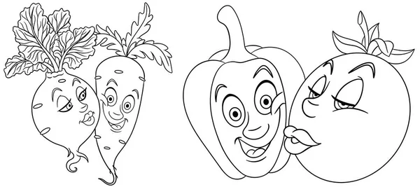 Coloring Pages Cartoon Vegetables Love Lovely Kiss Emoticons Emoji Valentines — Stock Vector