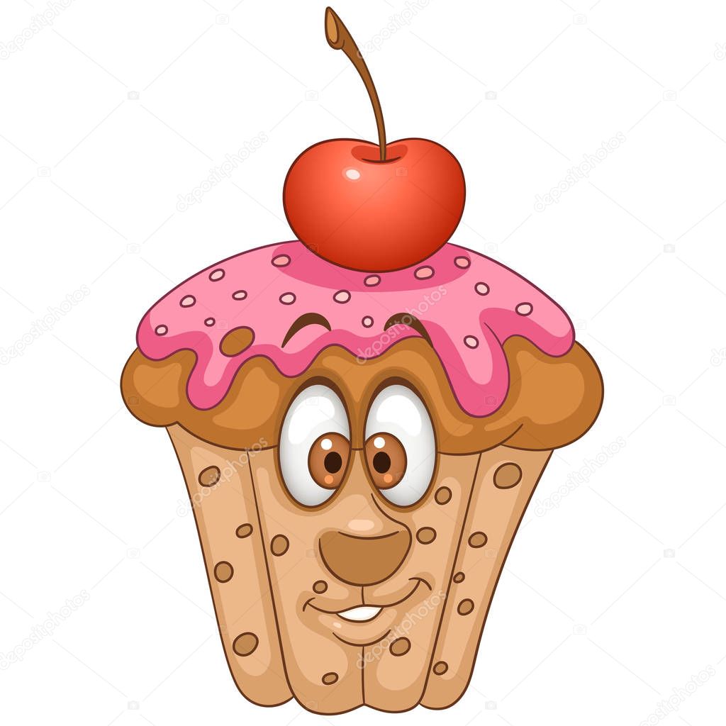 Sweet Muffin. Happy Bakery Food concept. Funny Emoticon. Smiley idea. Emoji cartoon design for kids coloring book, colouring page, t-shirt print, icon, logo, label, patch, sticker.