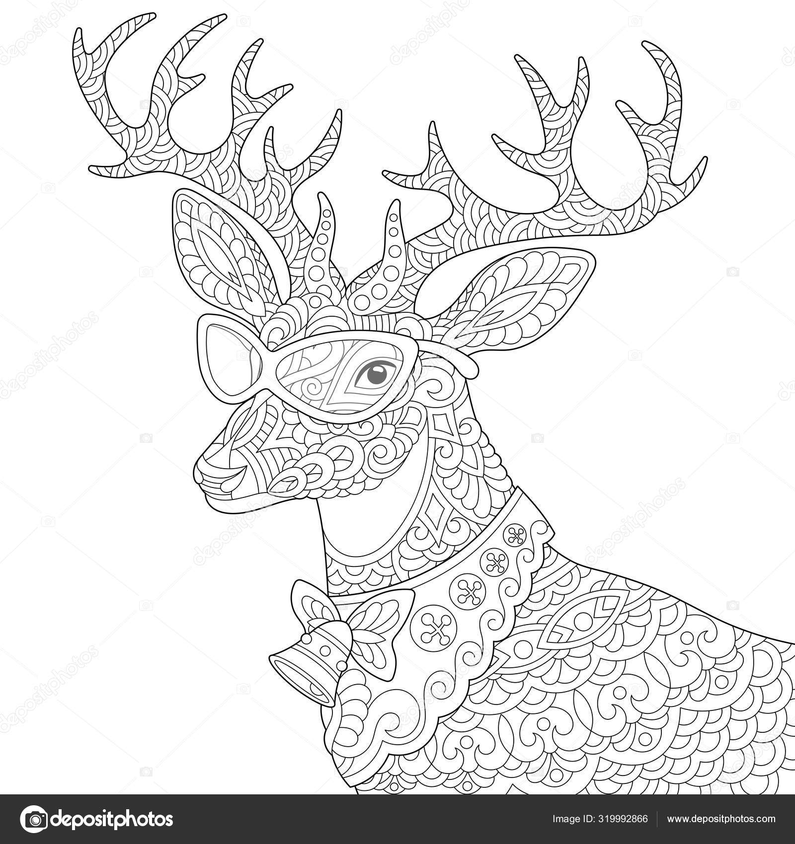 Desenho para colorir com cervos bonitos e luzes de Natal. Livro