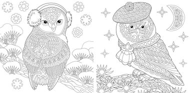 Coloring page with owls vector Coloring page with owls vector