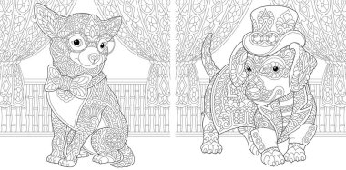 Chihuahua ve dachshund köpekli steampunk boyama sayfası