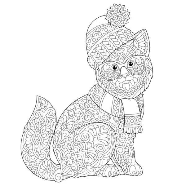 Страница раскраски с зимней кошкой — стоковый вектор