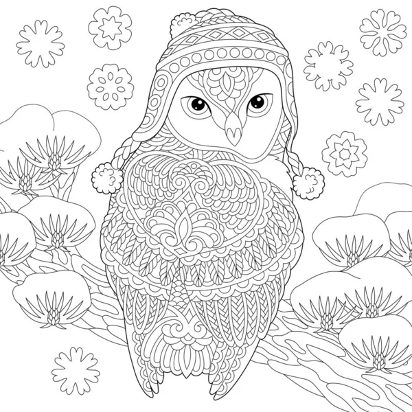 Coloriage avec hibou d'hiver — Image vectorielle