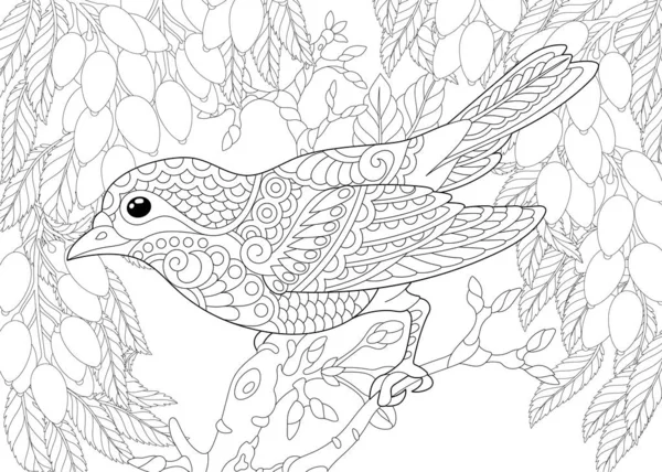 Coloring page with bird in the garden — Stock Vector