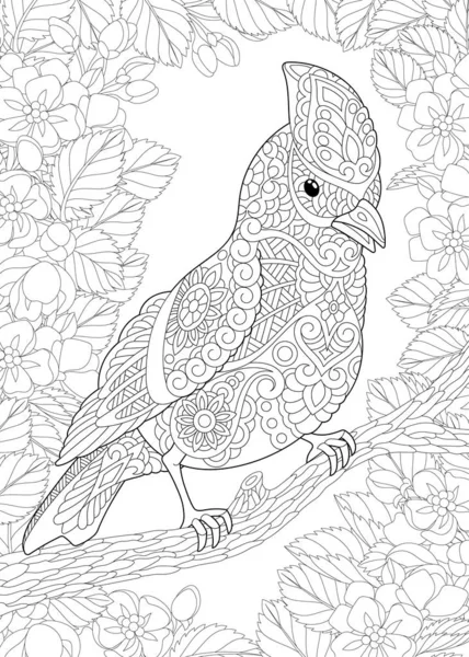 Χρωματισμός σελίδα με πουλί στον κήπο — Διανυσματικό Αρχείο