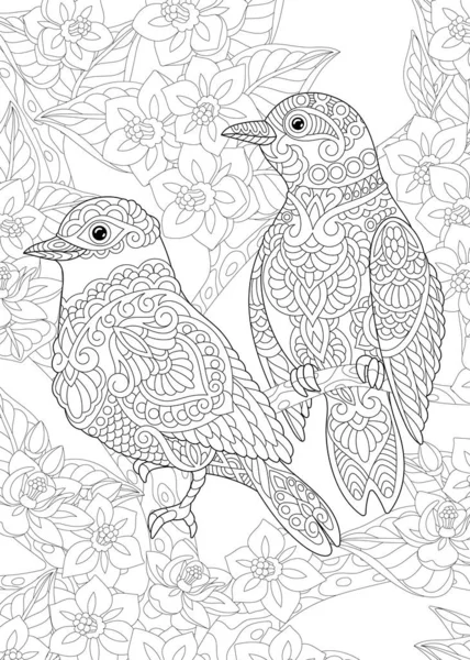 Halaman mewarnai dengan burung di taman Stok Ilustrasi 