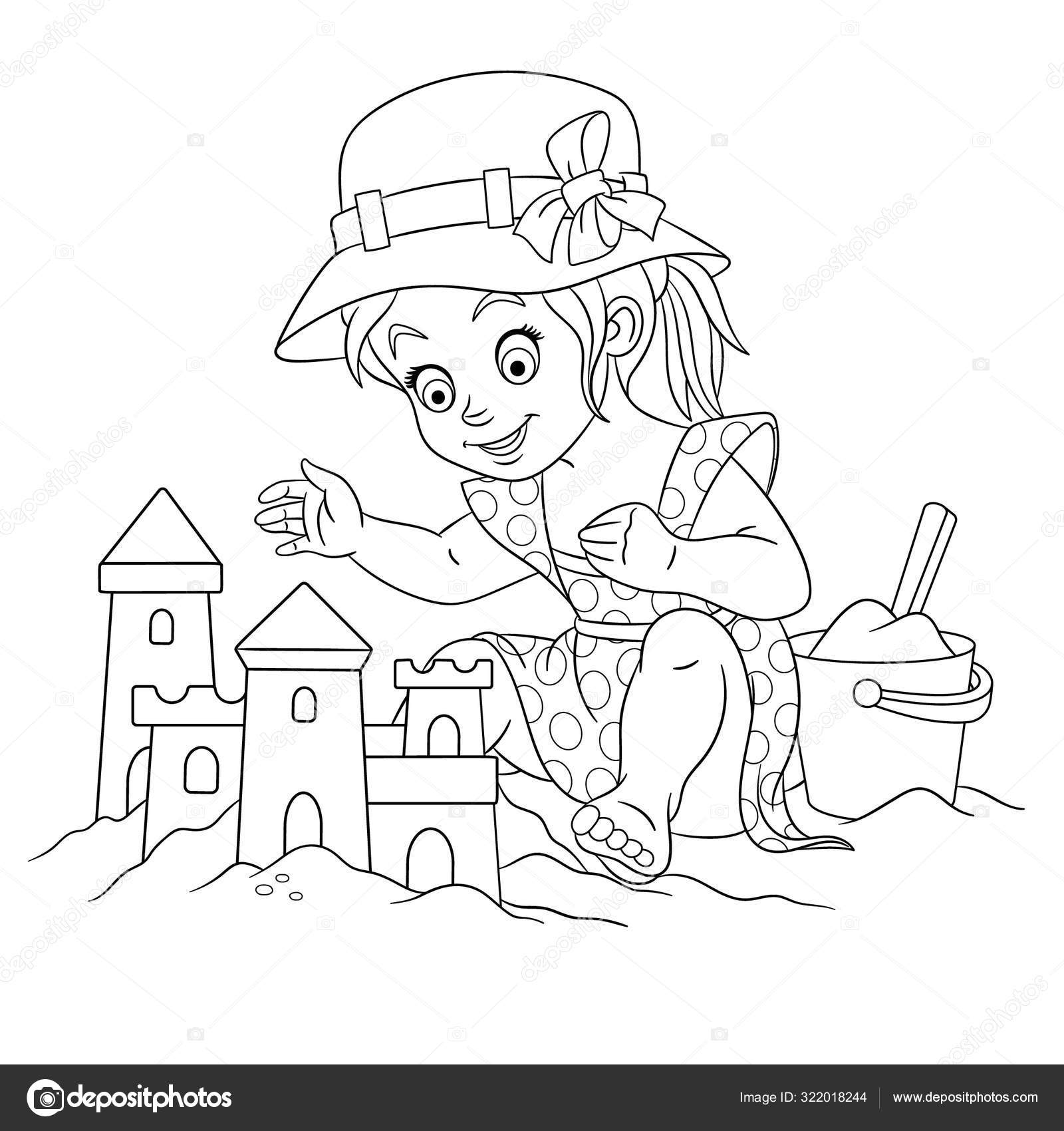 Coloring Page With Girl Building Sand Castle Stock Vector Image By C Sybirko 322018244