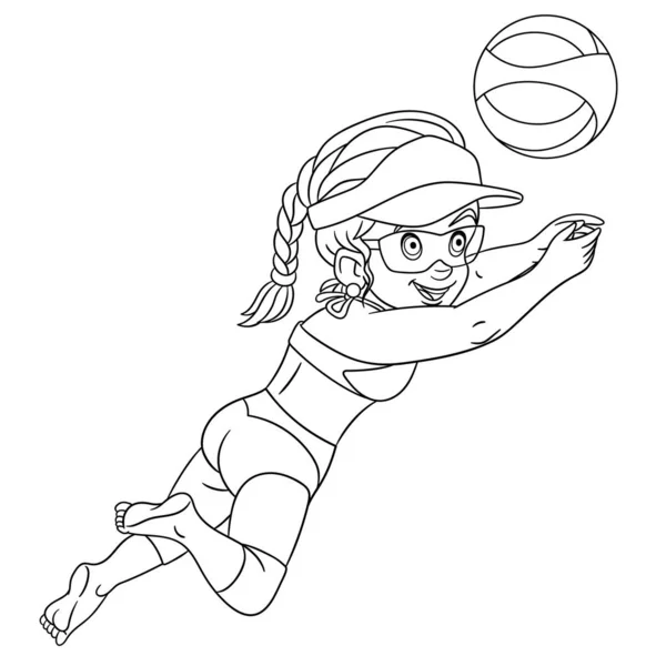 Coloring page with girl playing volleyball — Stock Vector