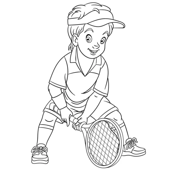 Página para colorear con niño jugando tenis — Vector de stock