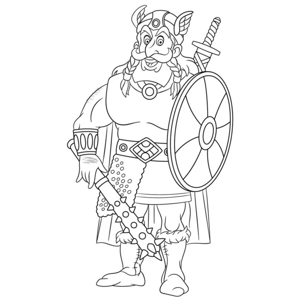 Страница раскраски с древним воином викингов — стоковый вектор