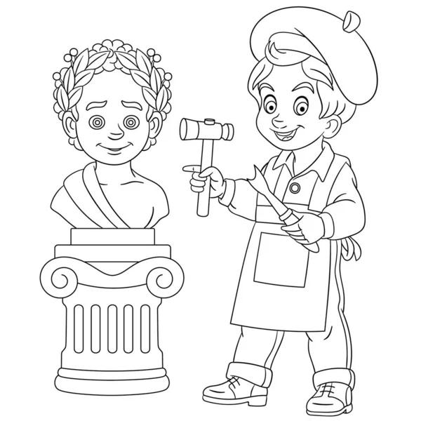 Página para colorear con niño escultor artesano escultura — Vector de stock