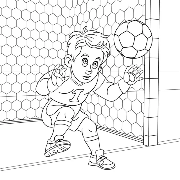 Página para colorear con niño portero de fútbol — Vector de stock