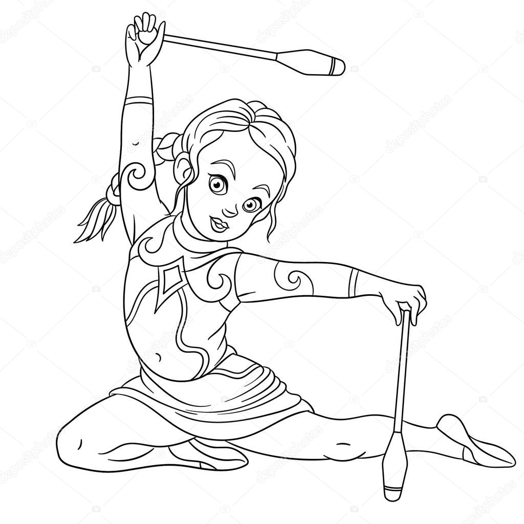 coloring page with girl rhythmic gymnastic with juggling clubs