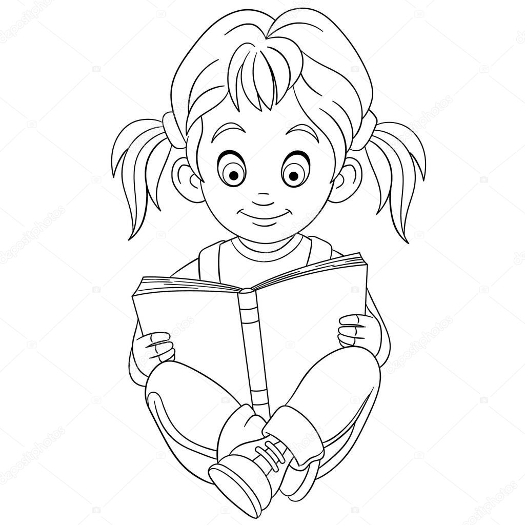 coloring page with girl reading a book