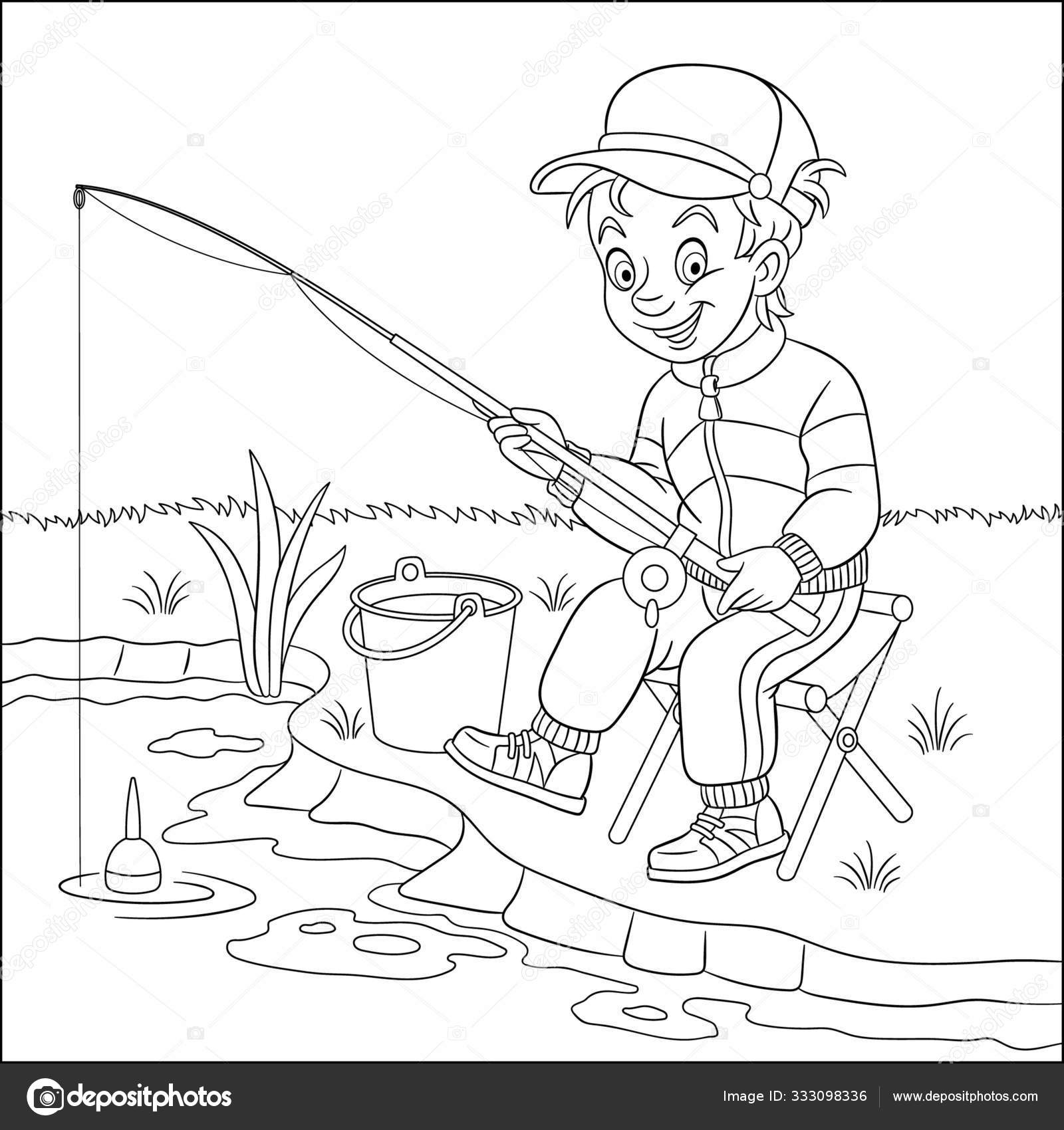 Coloring page with boy fishing Stock Vector by ©Sybirko 333098336
