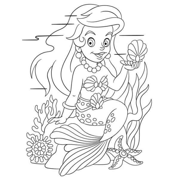 Coloriage avec jolie sirène mignonne — Image vectorielle