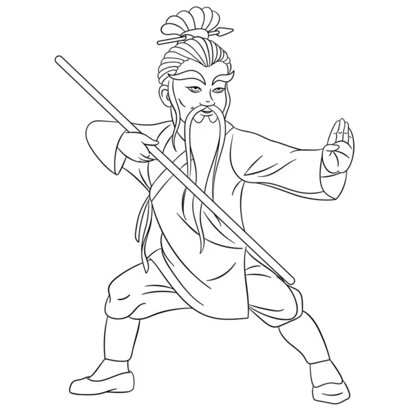 Pagina da colorare con lotta monaco Shaolin — Vettoriale Stock