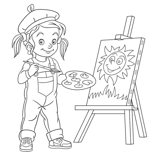 Coloring page with girl drawing, painting artist — 스톡 벡터